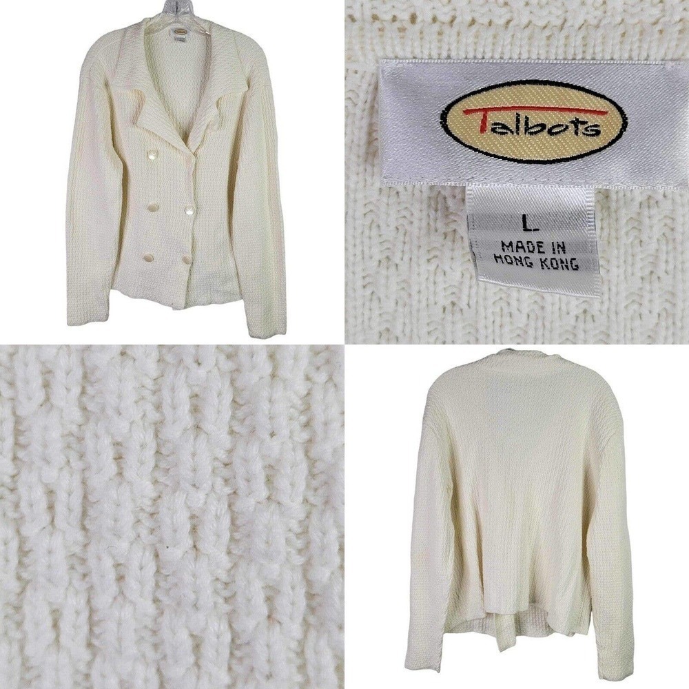 Talbots Women's Cardigan Sweater Size Large Double Breasted Cream Chunky Knit​​